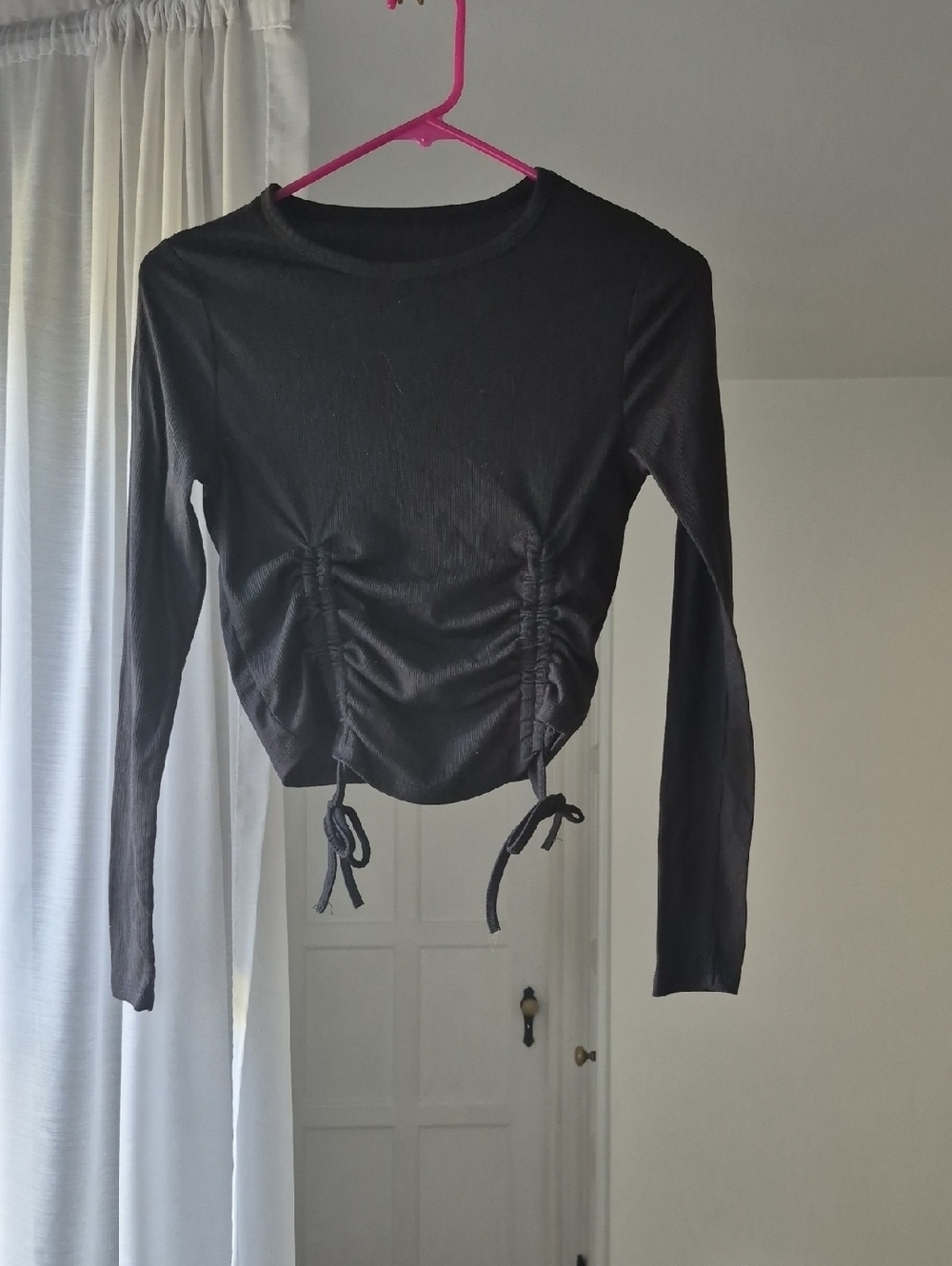 Long Sleeve Black Ruched Drawstring Top - Women